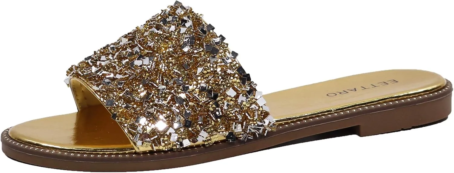 EETTARO Women's Glitter Shiny Slide Sandals Sparkle Fancy Flat Slippers Slip-on Jeweled Shoes