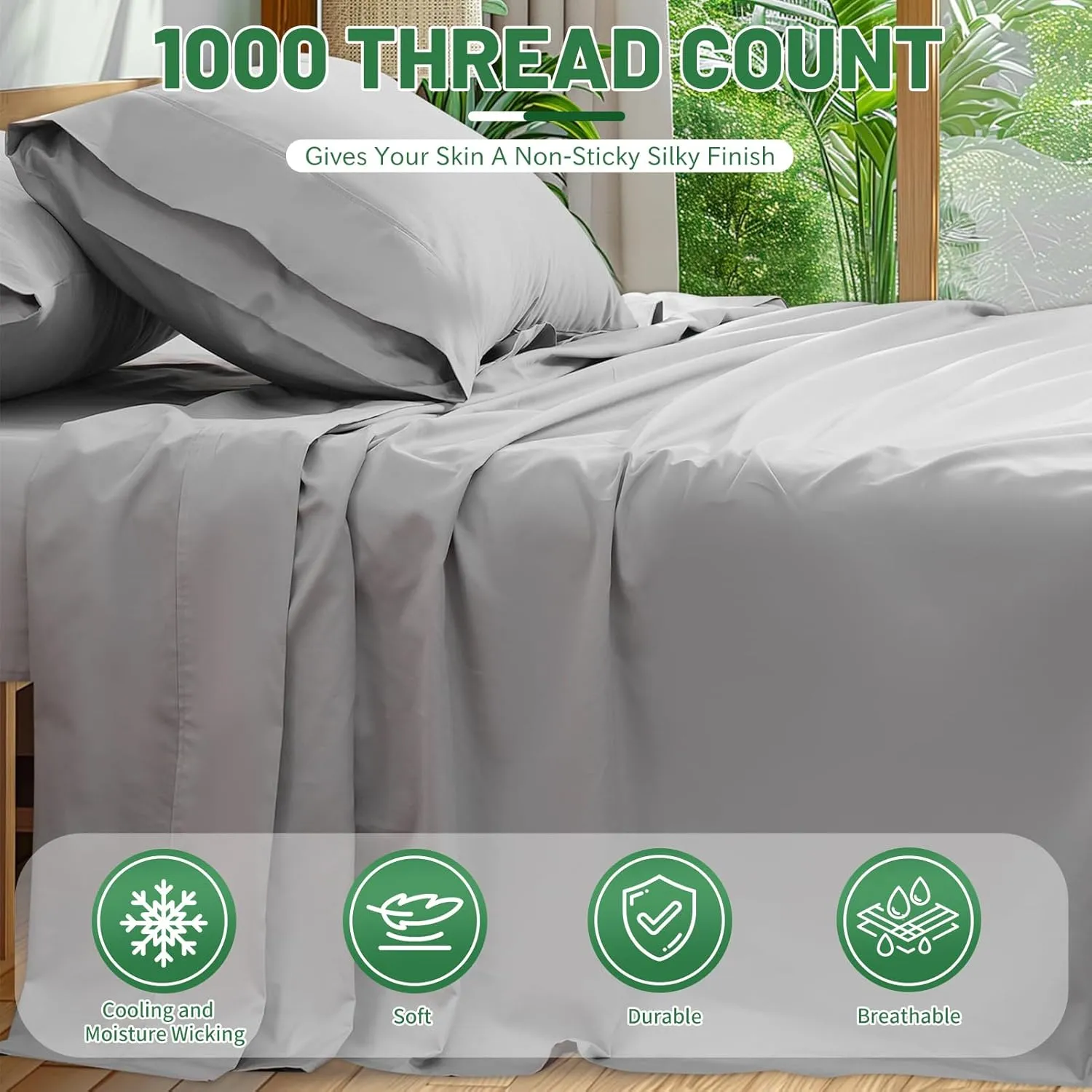 Egyptian Cotton Sheets Full Size 1000 Thread Count Sateen Weave Soft Breathable 16-Inch Deep Pocket 4PCS（Full,Grey）