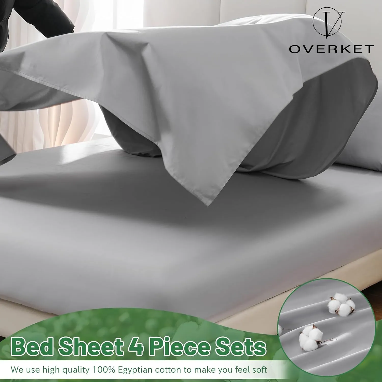Egyptian Cotton Sheets Full Size 1000 Thread Count Sateen Weave Soft Breathable 16-Inch Deep Pocket 4PCS（Full,Grey）