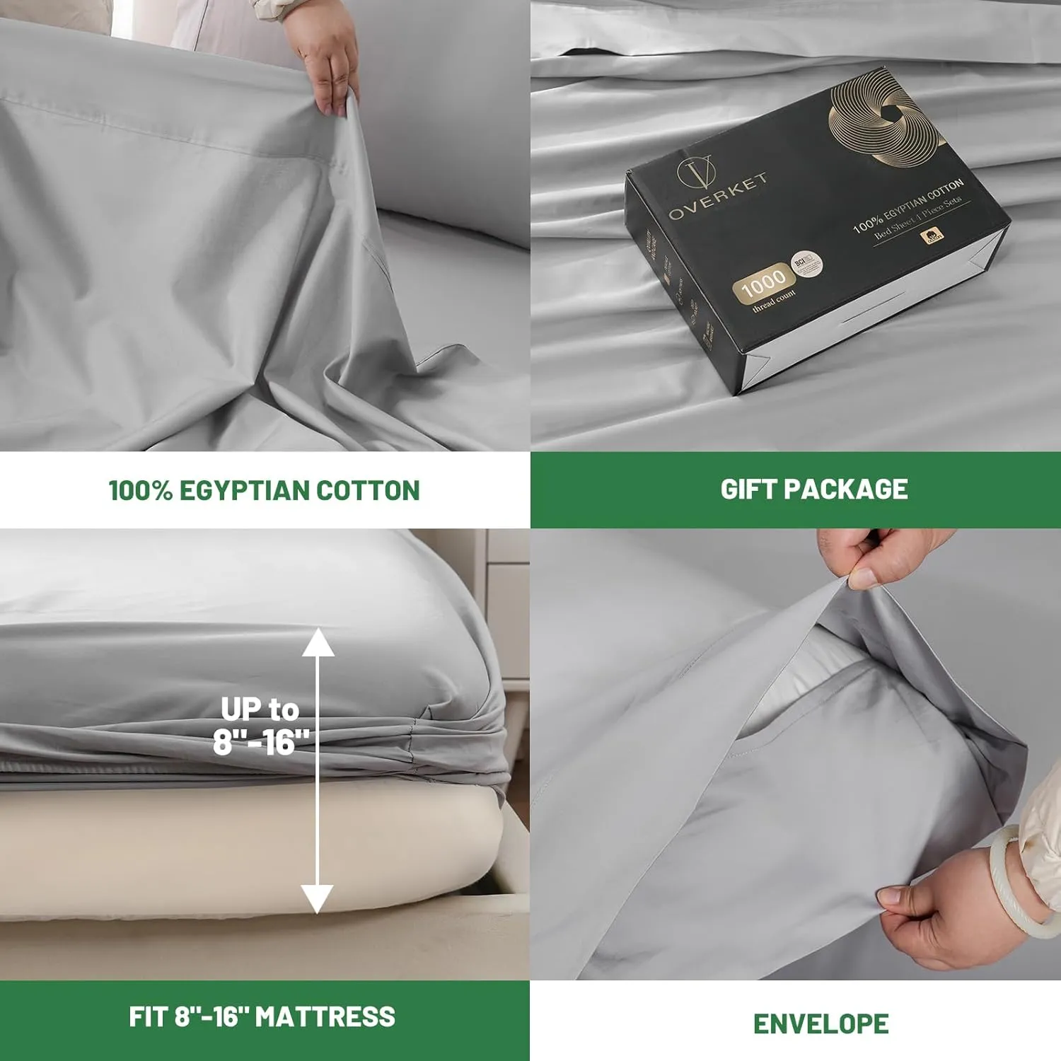 Egyptian Cotton Sheets Full Size 1000 Thread Count Sateen Weave Soft Breathable 16-Inch Deep Pocket 4PCS（Full,Grey）
