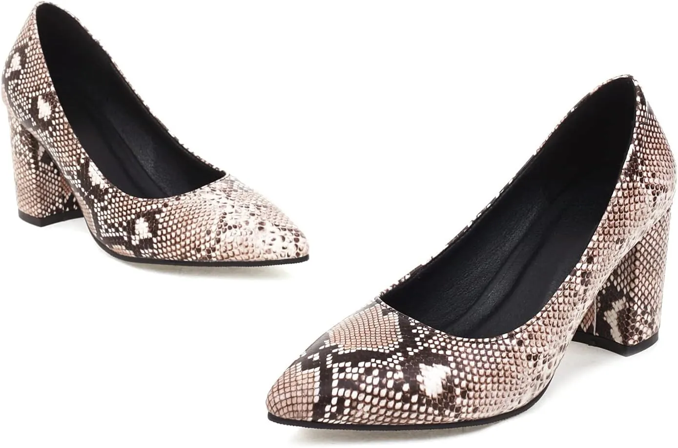 Elbslutt Women's Snake Print Pointed Toe Block Heels Pumps Slip On Chunky High Heels Closed Toe Dress Shoes
