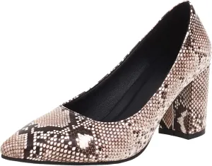 Elbslutt Women's Snake Print Pointed Toe Block Heels Pumps Slip On Chunky High Heels Closed Toe Dress Shoes