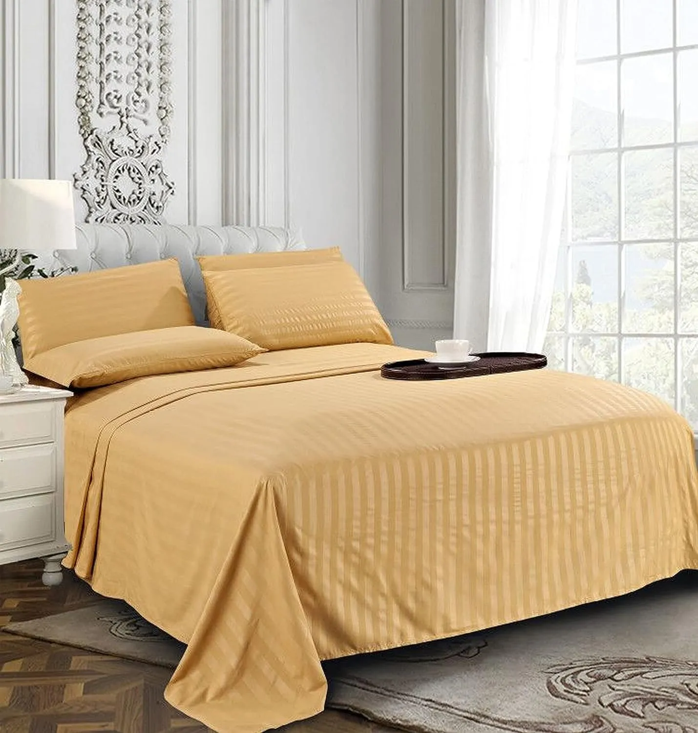 Elegant Comfort Best, Softest, Coziest 6-Piece Sheet Sets! - 1500 Premier Hotel Quality Luxurious Wrinkle Resistant 6-Piece Damask Stripe Bed Sheet Set, California King Camel/Gold