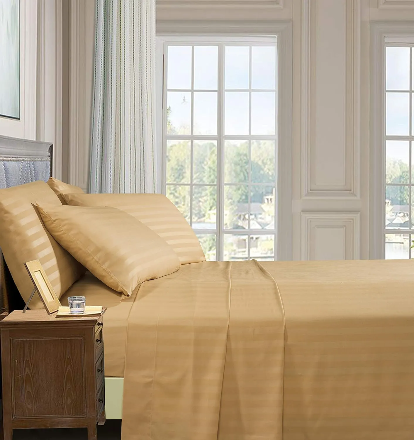 Elegant Comfort Best, Softest, Coziest 6-Piece Sheet Sets! - 1500 Premier Hotel Quality Luxurious Wrinkle Resistant 6-Piece Damask Stripe Bed Sheet Set, California King Camel/Gold