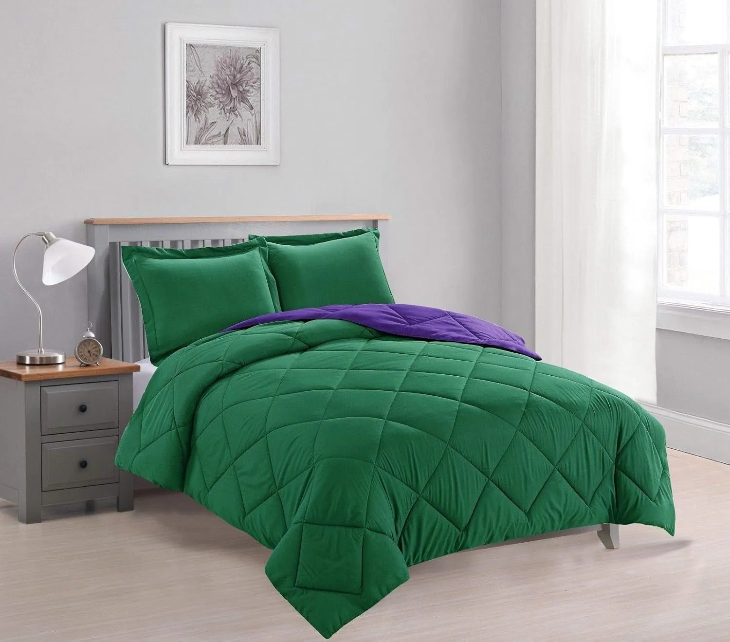 Empire Home Bed in A Bag Reversible Down Alternative All Season Comforter Set with Sheet Set Included !! (Hunter & Purple, Queen)