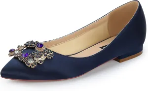 ERIJUNOR Women Comfort Flat Rhinestone Satin Wedding Shoes Pointy Toe Slip On Prom Evening Party Dress Shoes