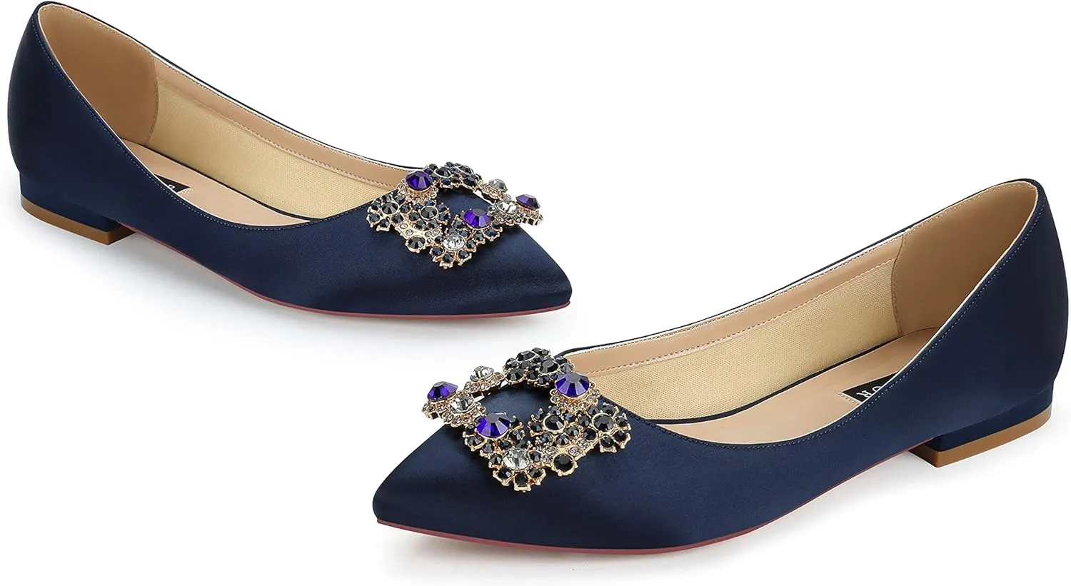 ERIJUNOR Women Comfort Flat Rhinestone Satin Wedding Shoes Pointy Toe Slip On Prom Evening Party Dress Shoes