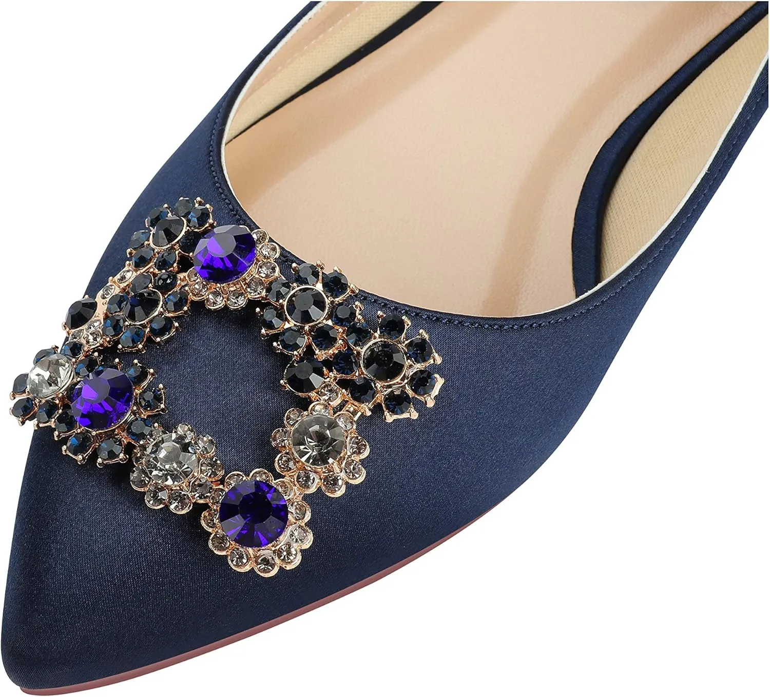 ERIJUNOR Women Comfort Flat Rhinestone Satin Wedding Shoes Pointy Toe Slip On Prom Evening Party Dress Shoes