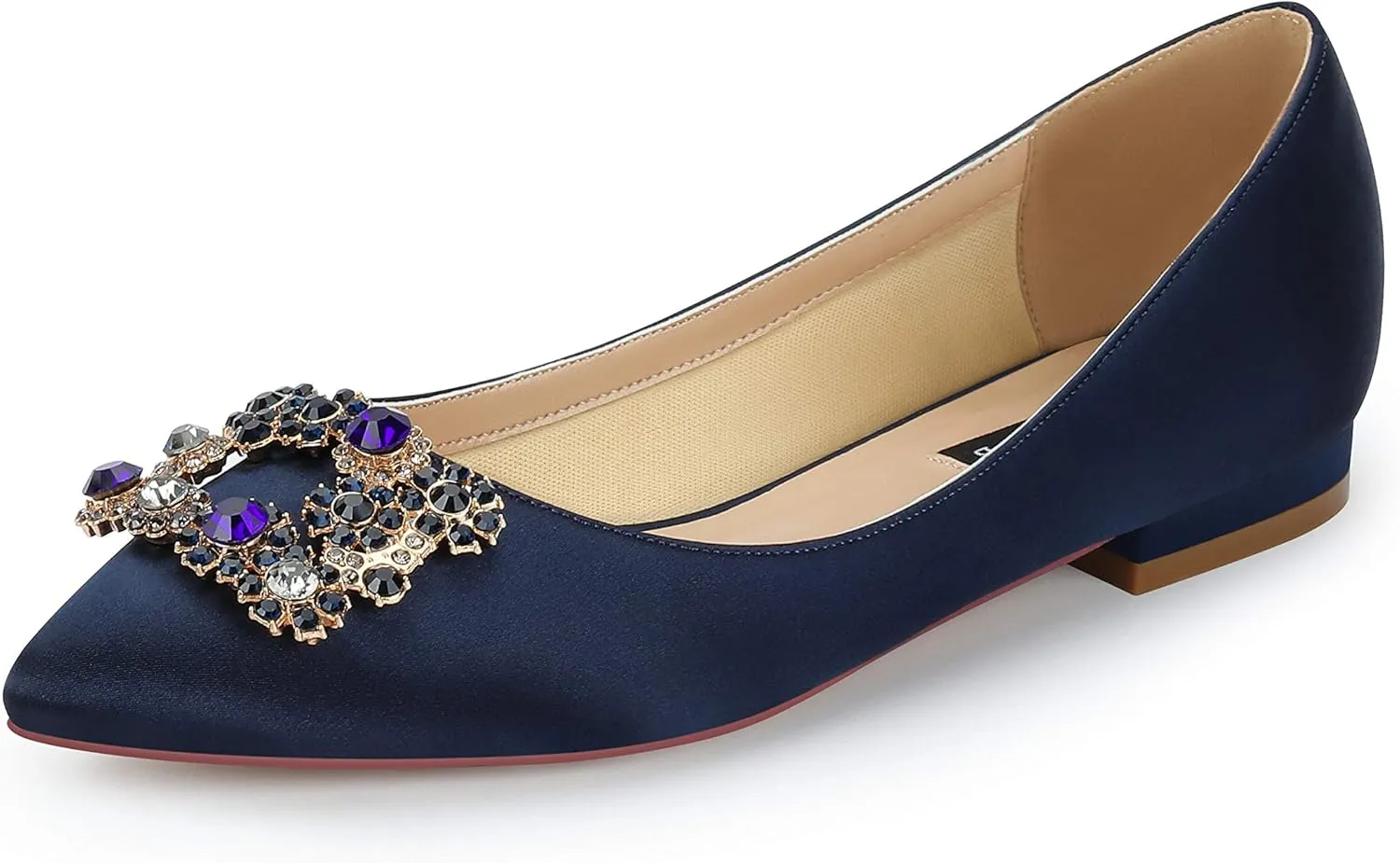 ERIJUNOR Women Comfort Flat Rhinestone Satin Wedding Shoes Pointy Toe Slip On Prom Evening Party Dress Shoes