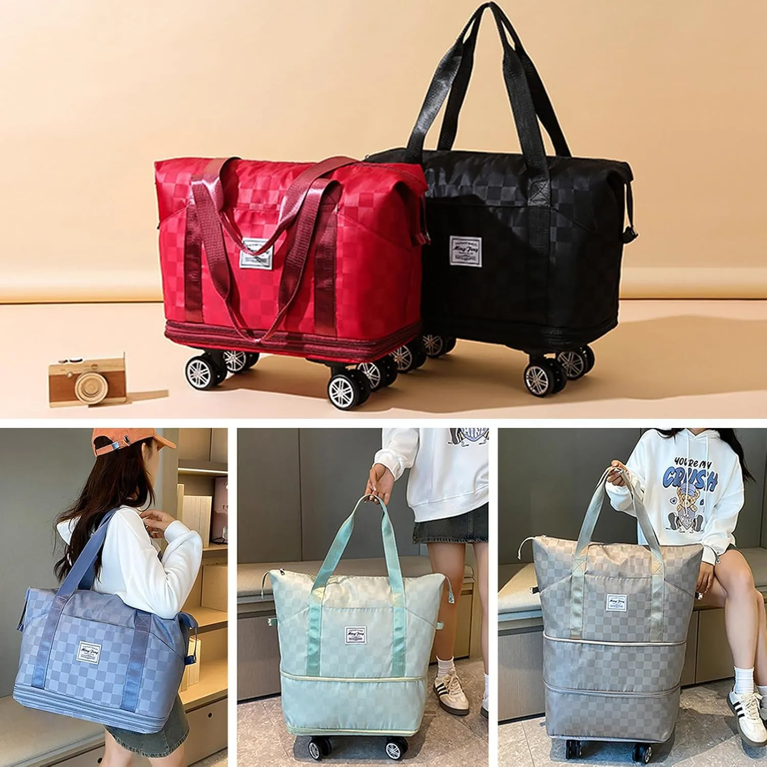 Expandable Foldable Duffel Bag Suitcases,Detachable Rolling Wheels,Rolling Duffle Bag with Wheels,Suitcases with Wheels,Carry on Luggage,for Men Women Lightweight Suitcases (Purple)