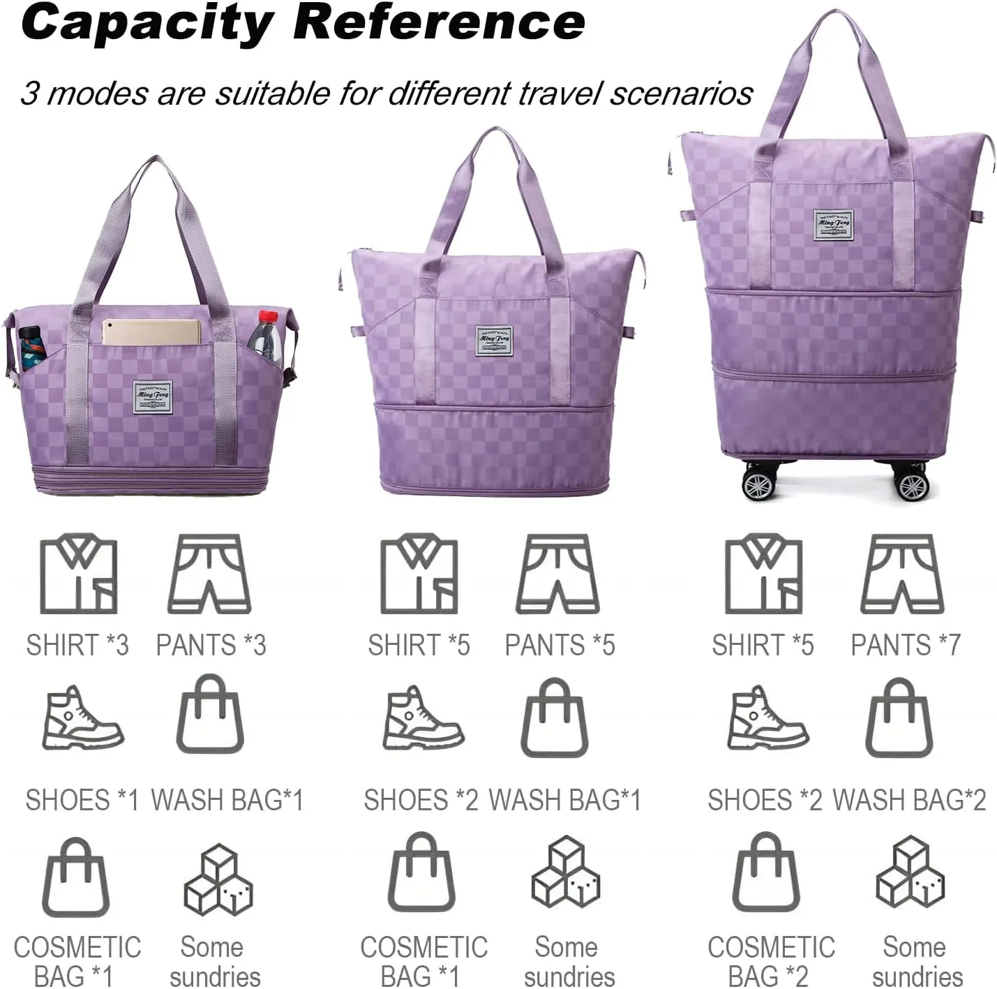 Expandable Foldable Duffel Bag Suitcases,Detachable Rolling Wheels,Rolling Duffle Bag with Wheels,Suitcases with Wheels,Carry on Luggage,for Men Women Lightweight Suitcases (Purple)