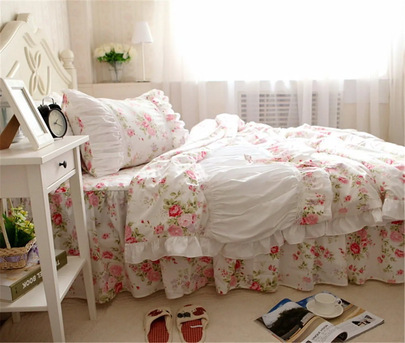 FADFAY Cotton Bedding,Shabby Rose Floral Print Bedding Set,Elegant Country Style Ruffles Cute Girls Duvet Cover Bed Sets with Lace Twin Size