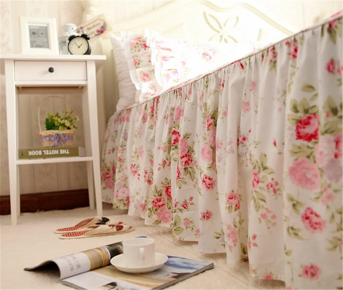 FADFAY Cotton Bedding,Shabby Rose Floral Print Bedding Set,Elegant Country Style Ruffles Cute Girls Duvet Cover Bed Sets with Lace Twin Size