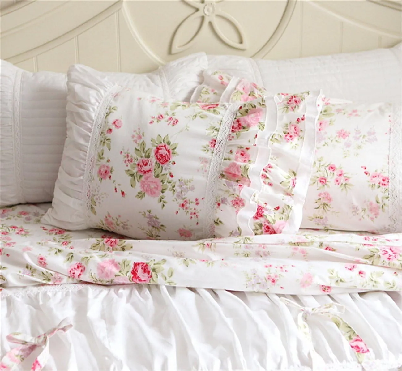 FADFAY Cotton Bedding,Shabby Rose Floral Print Bedding Set,Elegant Country Style Ruffles Cute Girls Duvet Cover Bed Sets with Lace Twin Size