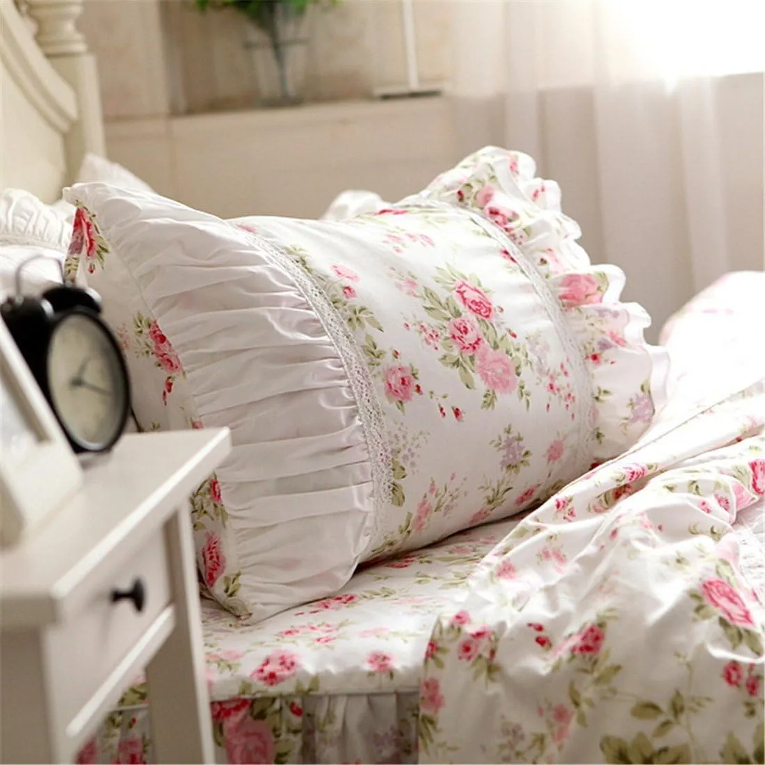 FADFAY Cotton Bedding,Shabby Rose Floral Print Bedding Set,Elegant Country Style Ruffles Cute Girls Duvet Cover Bed Sets with Lace Twin Size