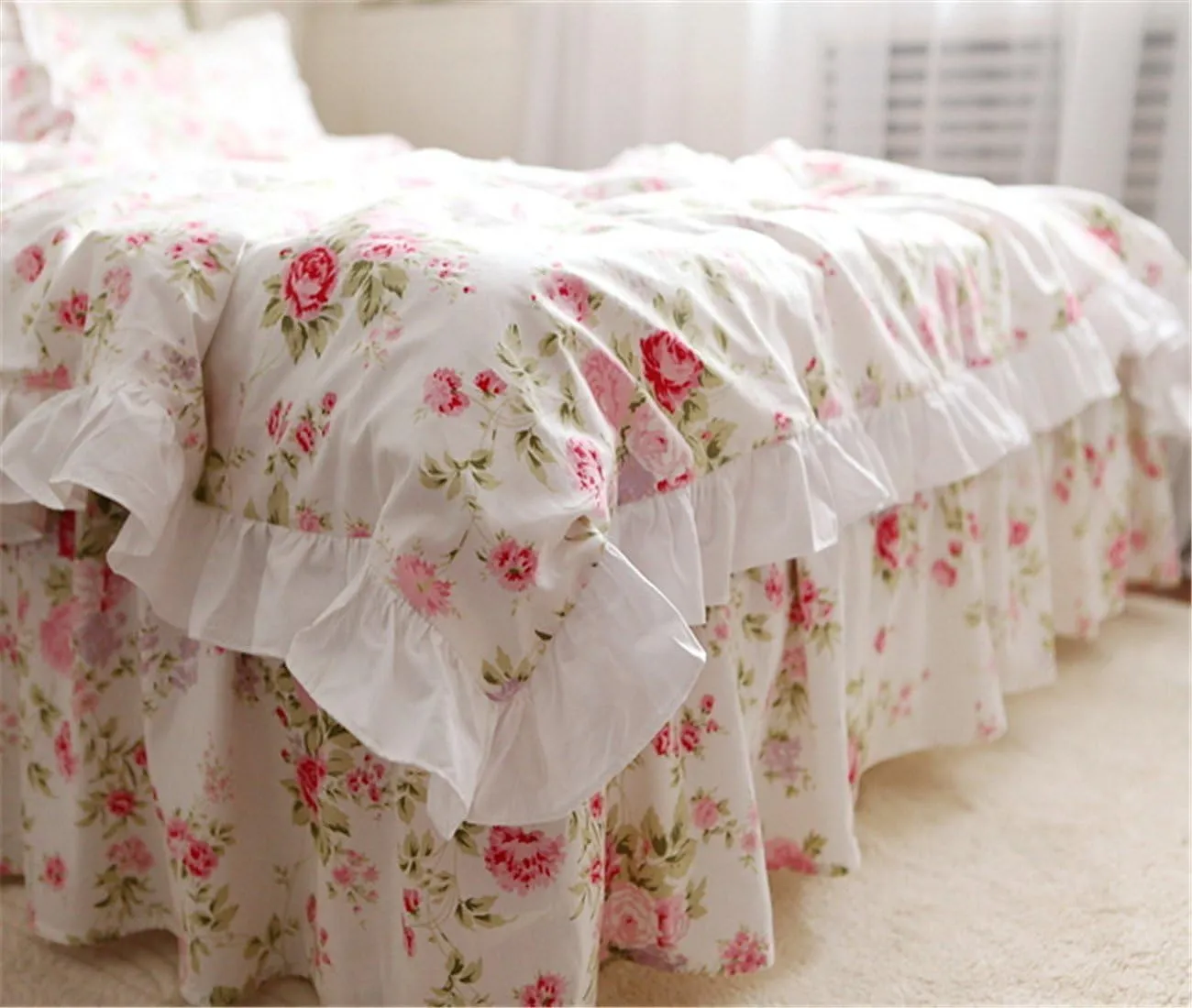 FADFAY Cotton Bedding,Shabby Rose Floral Print Bedding Set,Elegant Country Style Ruffles Cute Girls Duvet Cover Bed Sets with Lace Twin Size