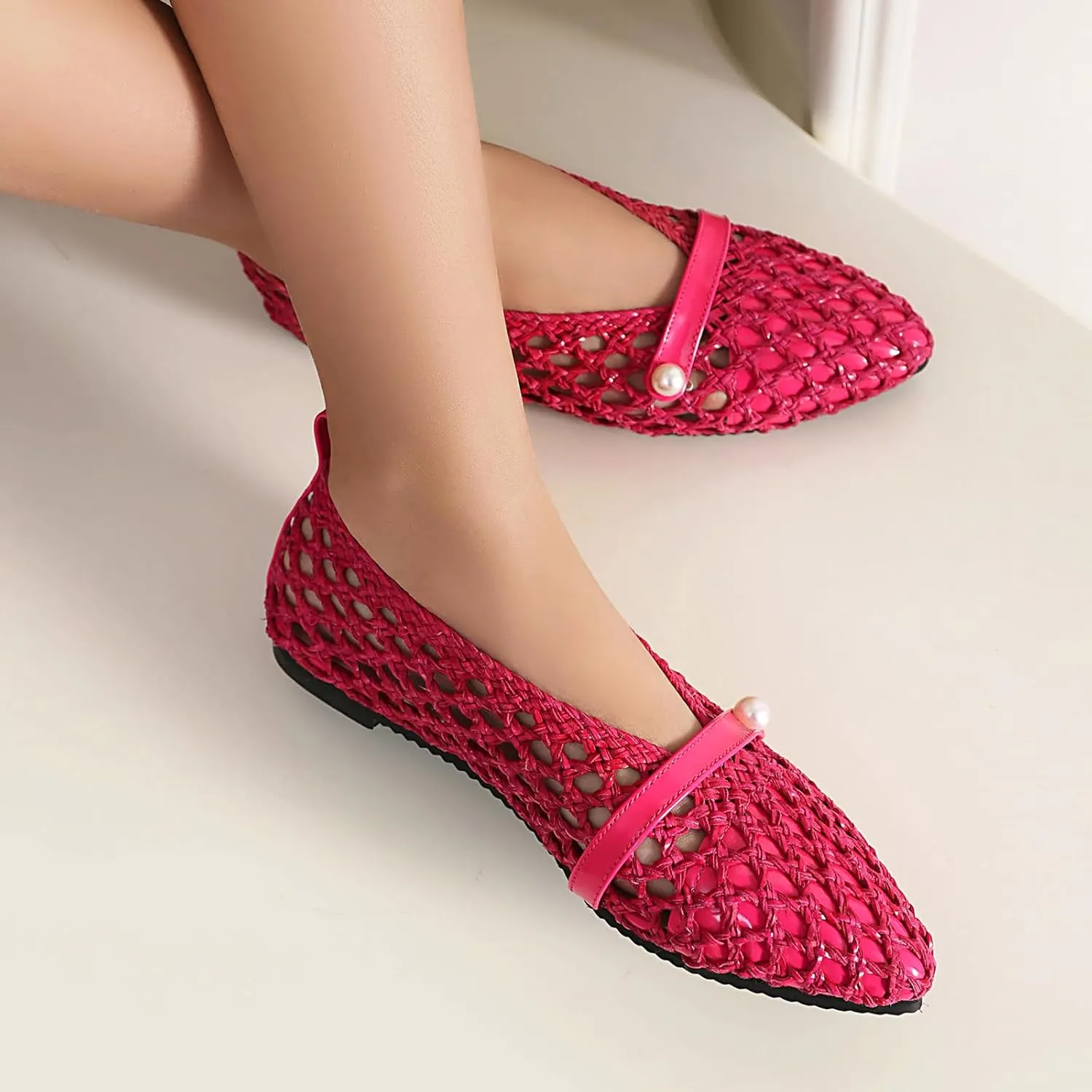 Fashin Mesh Ballet Flat Pumps for Women Soft Pointed Toe Slip On Pearl Ballerina Sandals