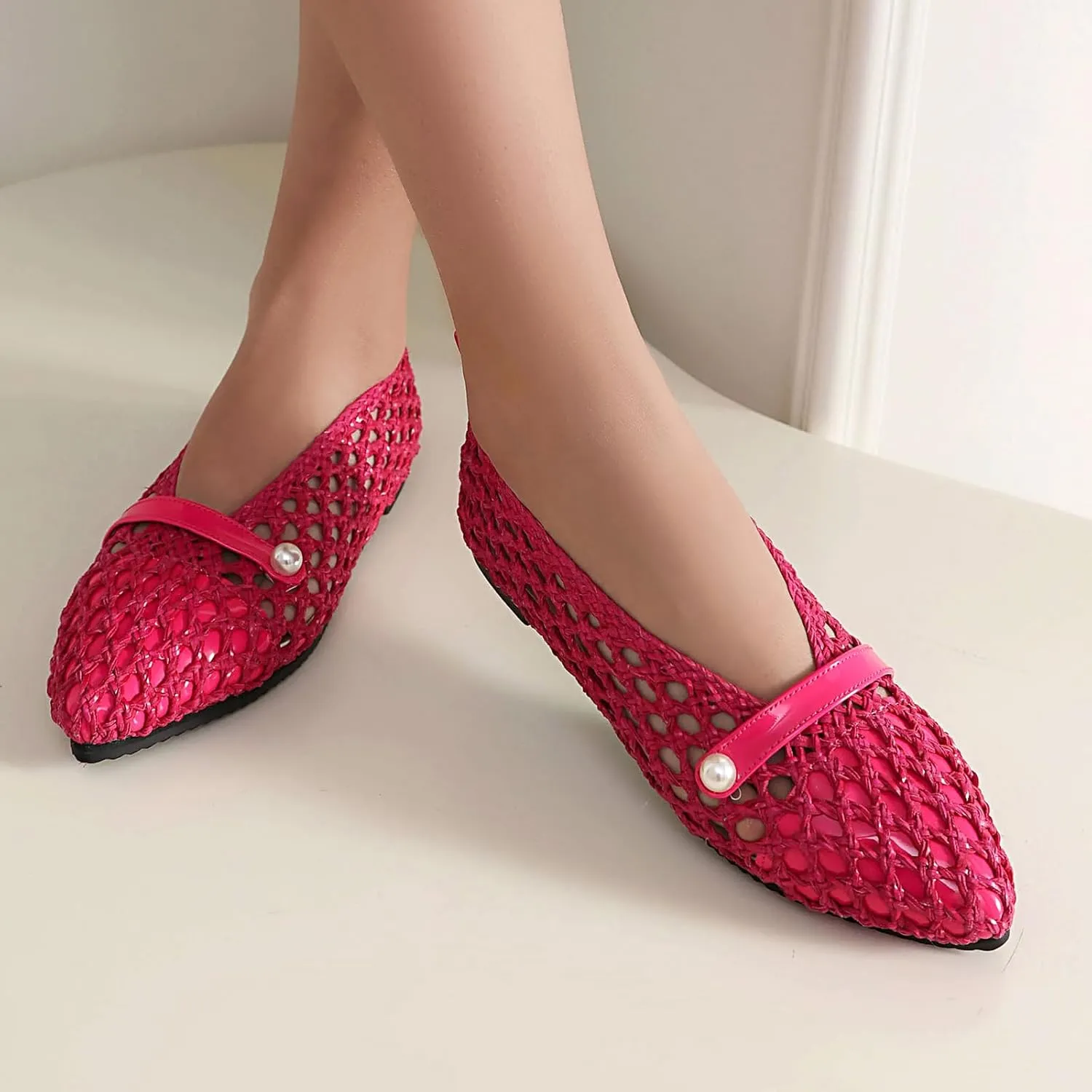 Fashin Mesh Ballet Flat Pumps for Women Soft Pointed Toe Slip On Pearl Ballerina Sandals