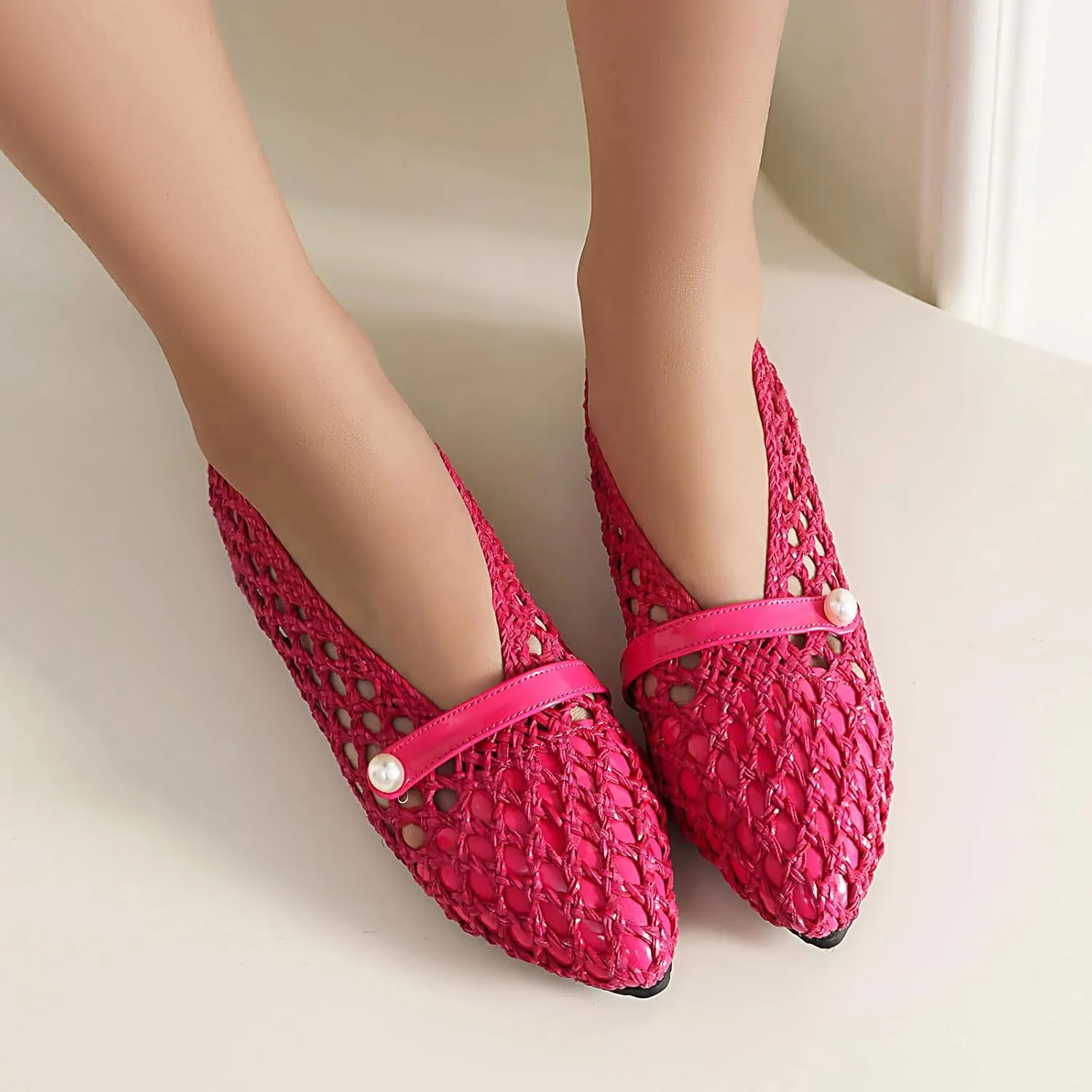 Fashin Mesh Ballet Flat Pumps for Women Soft Pointed Toe Slip On Pearl Ballerina Sandals