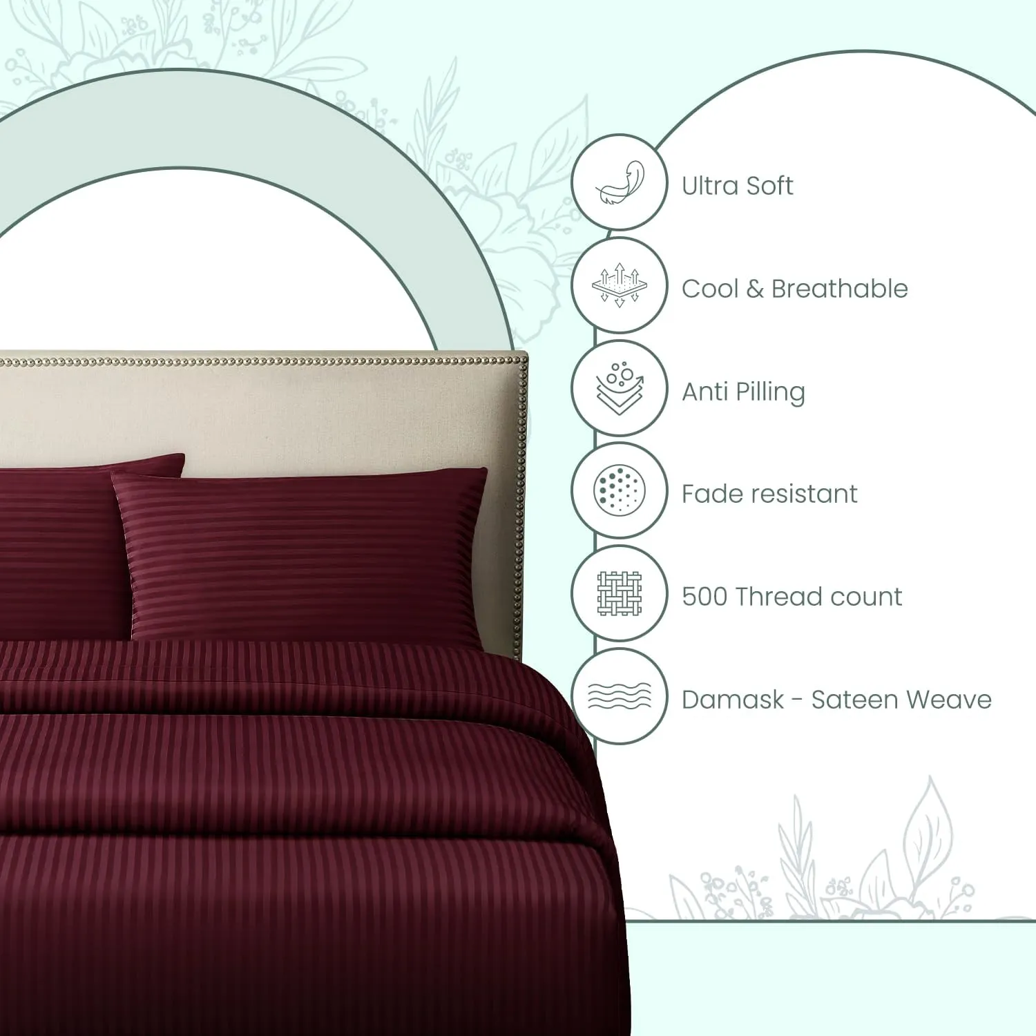 Feather & Stitch 500 TC King Size Damask Bed Sheet Set, 100% Cotton Soft Breathable Bedsheets, 4 Piece 18" Deep Pockets Sateen Weave Striped Bedding Mattress Resort Hotel Luxury- (Burgundy, King)