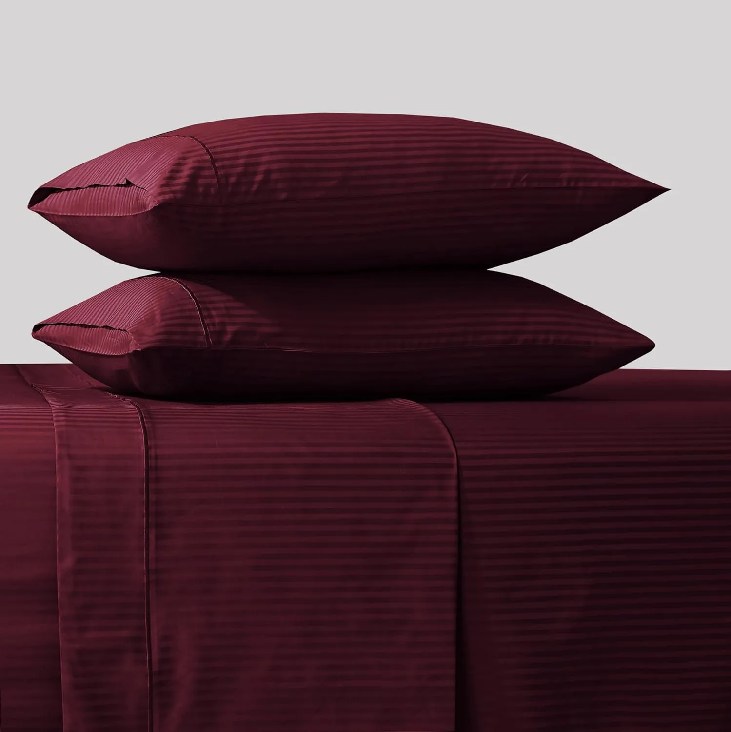 Feather & Stitch 500 TC King Size Damask Bed Sheet Set, 100% Cotton Soft Breathable Bedsheets, 4 Piece 18" Deep Pockets Sateen Weave Striped Bedding Mattress Resort Hotel Luxury- (Burgundy, King)
