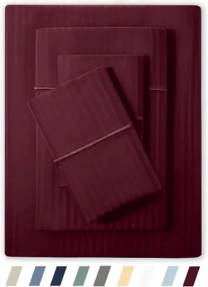 Feather & Stitch 500 TC King Size Damask Bed Sheet Set, 100% Cotton Soft Breathable Bedsheets, 4 Piece 18" Deep Pockets Sateen Weave Striped Bedding Mattress Resort Hotel Luxury- (Burgundy, King)