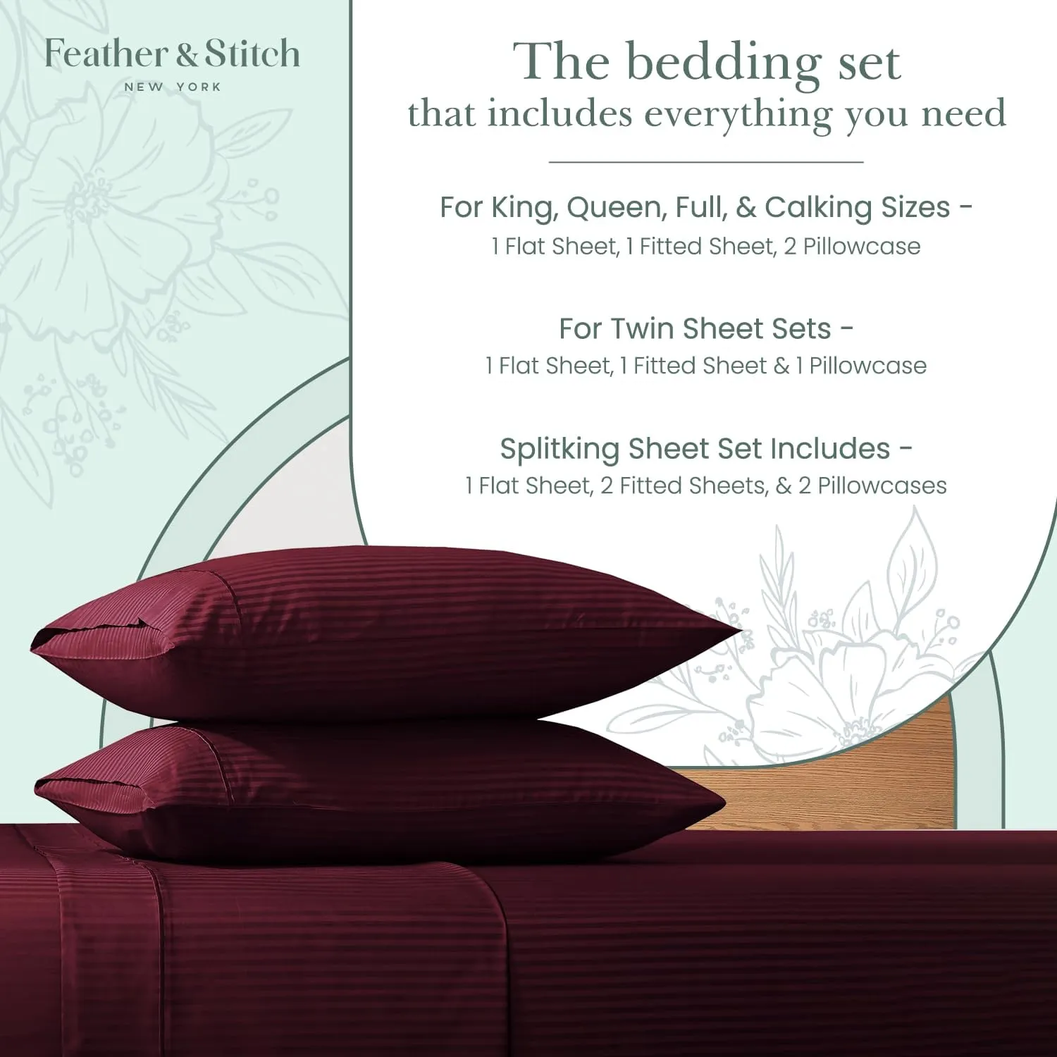 Feather & Stitch 500 TC King Size Damask Bed Sheet Set, 100% Cotton Soft Breathable Bedsheets, 4 Piece 18" Deep Pockets Sateen Weave Striped Bedding Mattress Resort Hotel Luxury- (Burgundy, King)