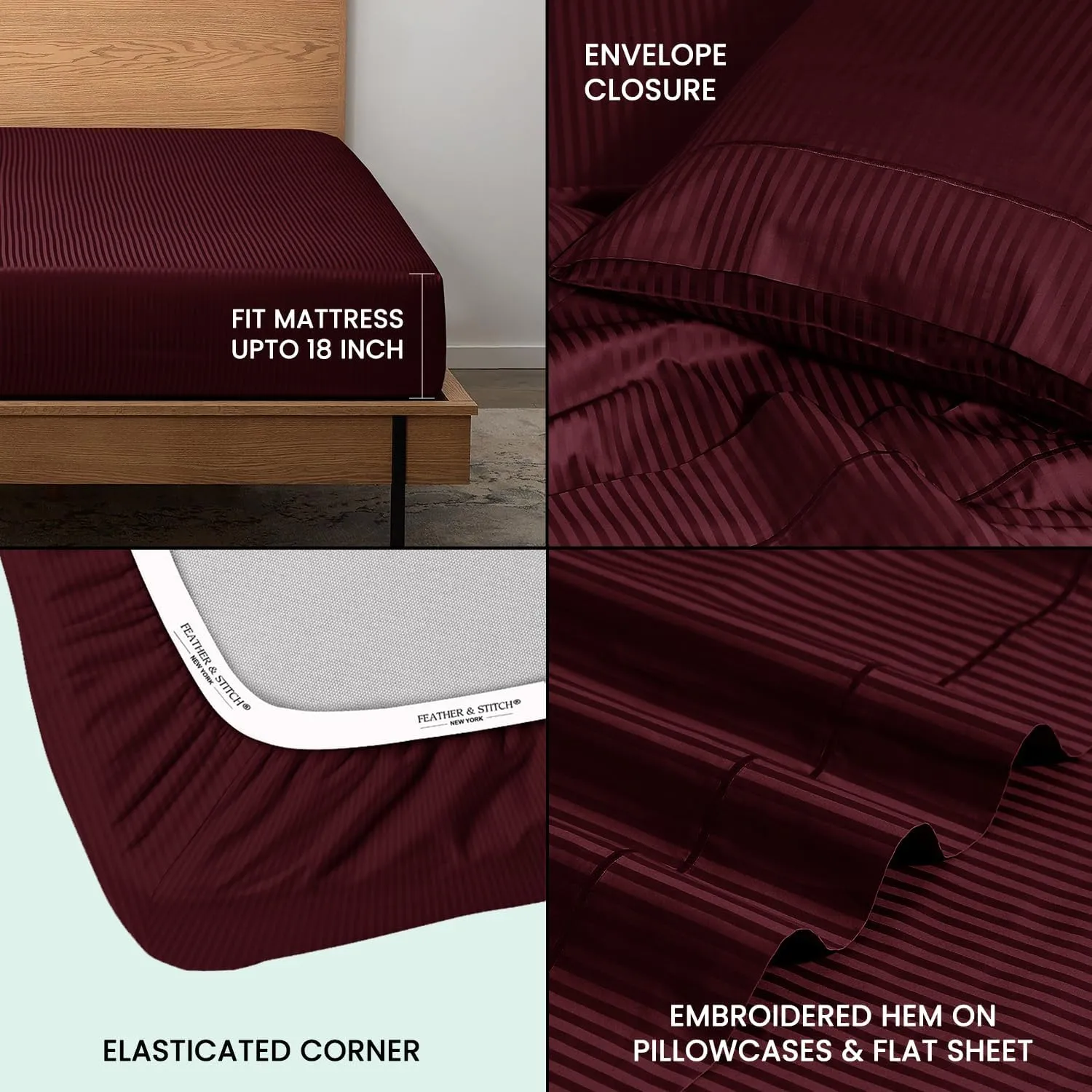 Feather & Stitch 500 TC King Size Damask Bed Sheet Set, 100% Cotton Soft Breathable Bedsheets, 4 Piece 18" Deep Pockets Sateen Weave Striped Bedding Mattress Resort Hotel Luxury- (Burgundy, King)