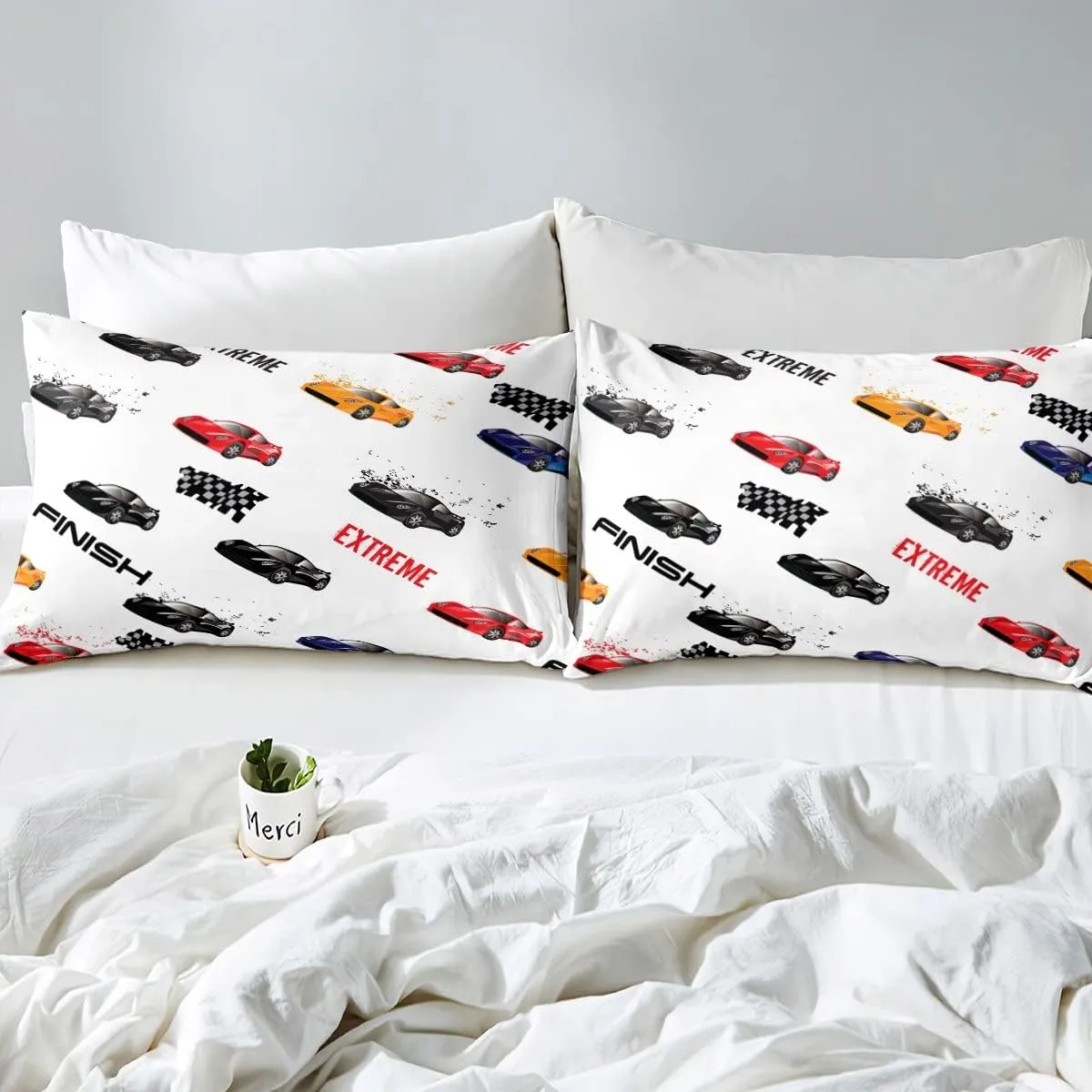 Feelyou Race Car Fitted Sheet for Kids Boys Teens Sports Car Bed Sheet Set Queen Size Includes 1 Flat Sheet 1 Sheets & 2 Pillowcases…