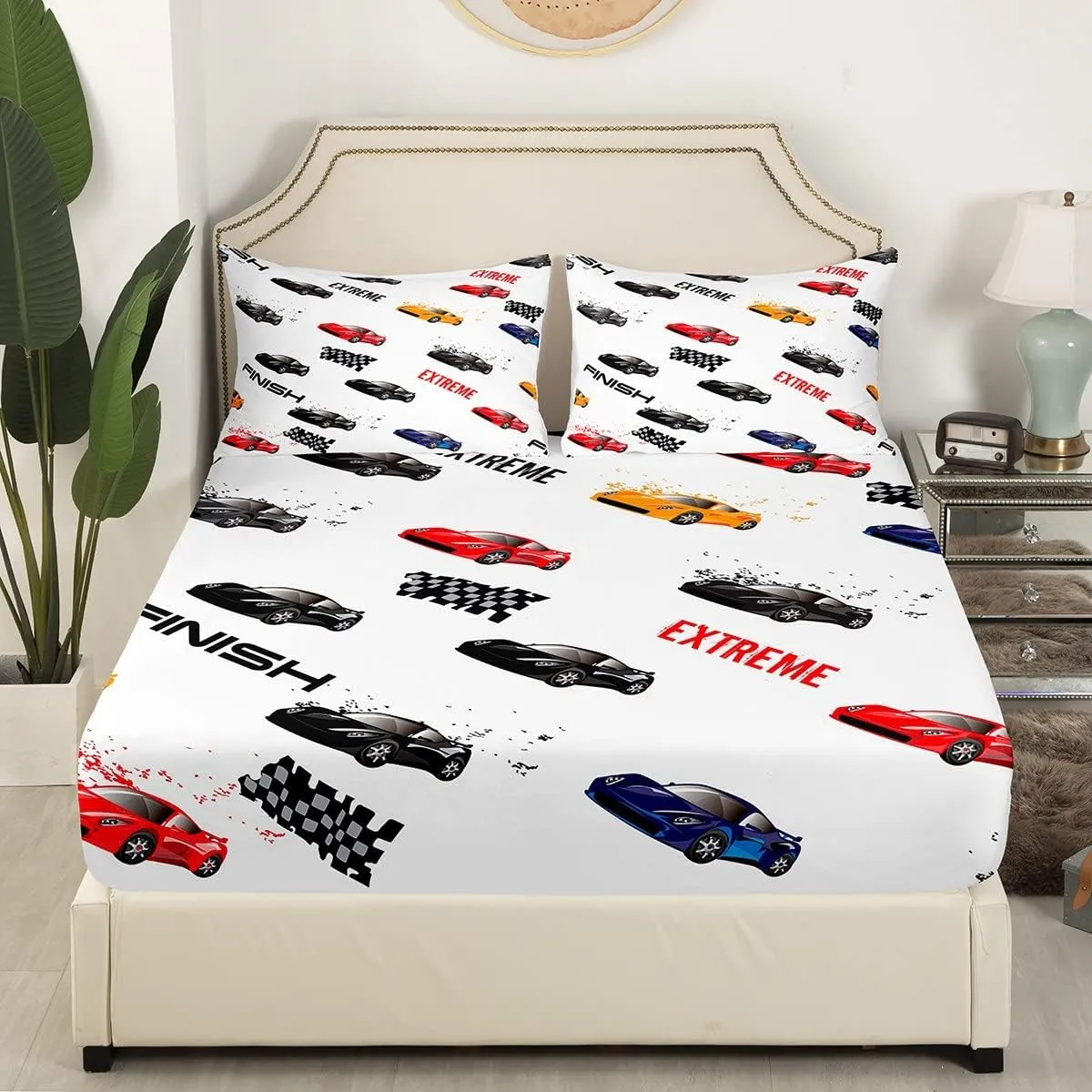 Feelyou Race Car Fitted Sheet for Kids Boys Teens Sports Car Bed Sheet Set Queen Size Includes 1 Flat Sheet 1 Sheets & 2 Pillowcases…
