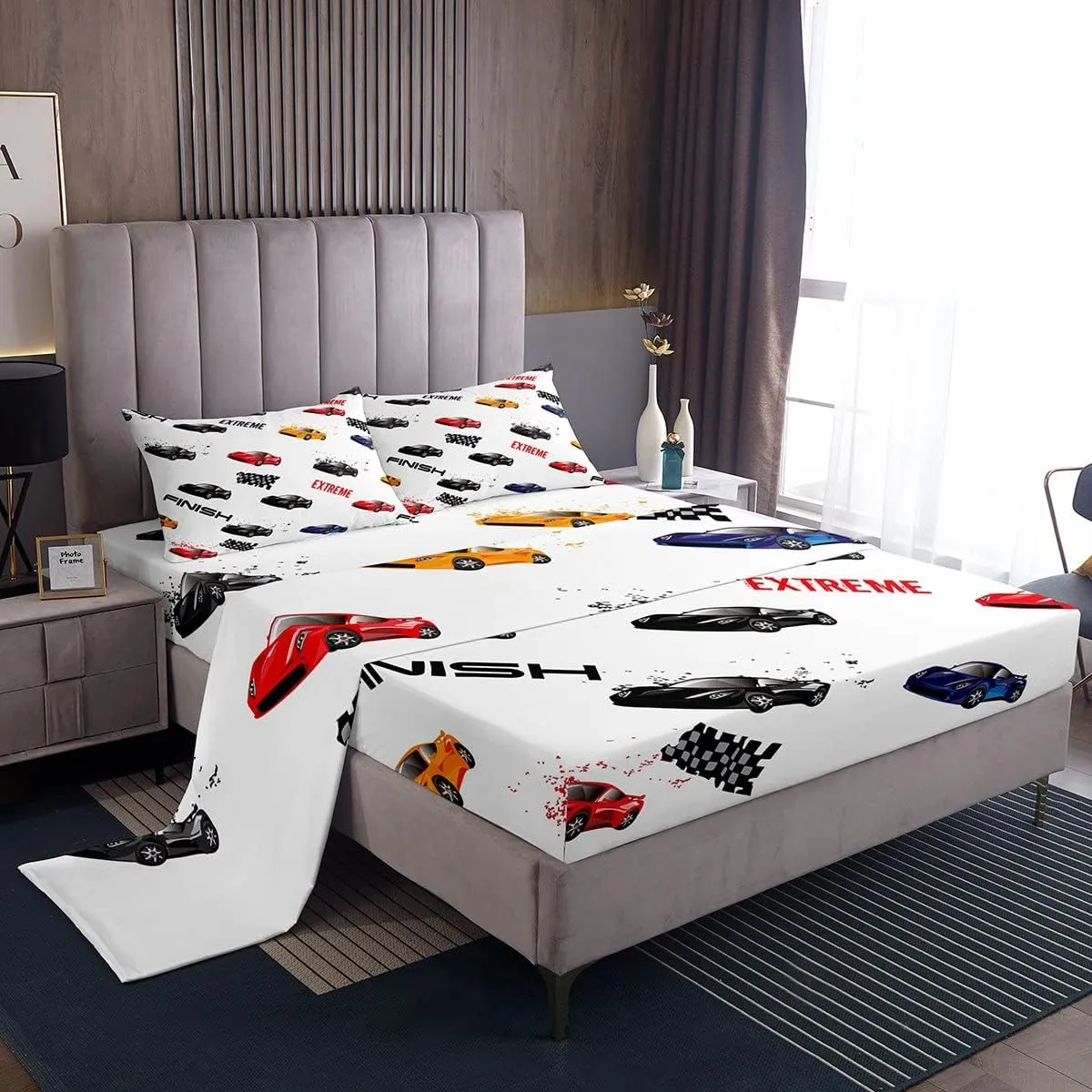 Feelyou Race Car Fitted Sheet for Kids Boys Teens Sports Car Bed Sheet Set Queen Size Includes 1 Flat Sheet 1 Sheets & 2 Pillowcases…