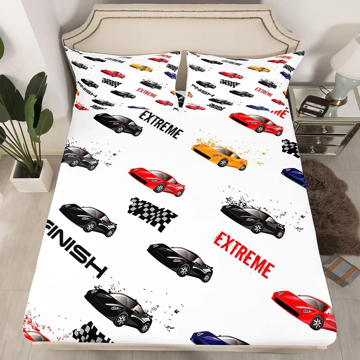 Feelyou Race Car Fitted Sheet for Kids Boys Teens Sports Car Bed Sheet Set Queen Size Includes 1 Flat Sheet 1 Sheets & 2 Pillowcases…