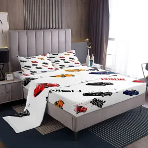 Feelyou Race Car Fitted Sheet for Kids Boys Teens Sports Car Bed Sheet Set Queen Size Includes 1 Flat Sheet 1 Sheets & 2 Pillowcases…