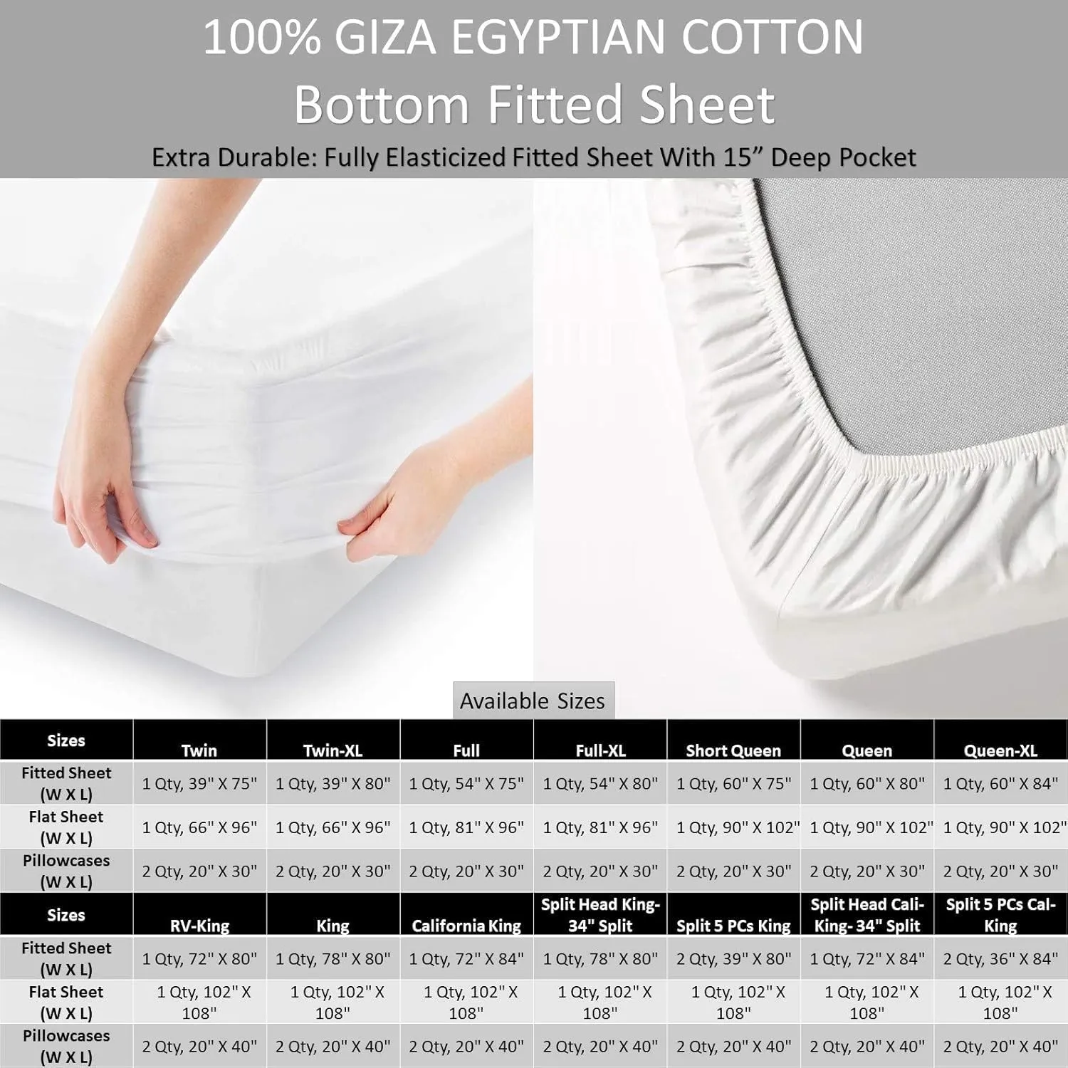 Femini Fashion My Egyptian Giza Cotton Sheets Queen Size, 16 Inches Extra Deep Pocket, 100% Giza Long-Staple Giza Cotton Bedsheet Soft Breathable Sheets - Light Grey Stripe