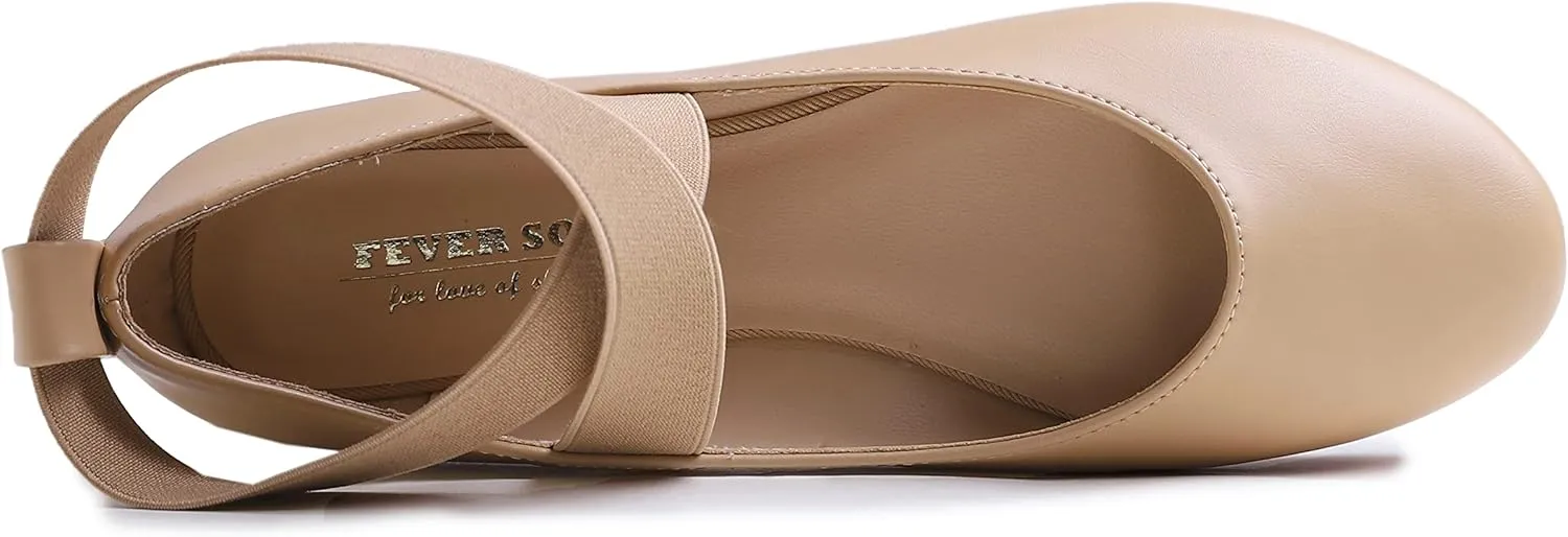 FEVERSOLE Women's Fashion Elastic Ankle Strap Shoes Round Toe Ballet Flat