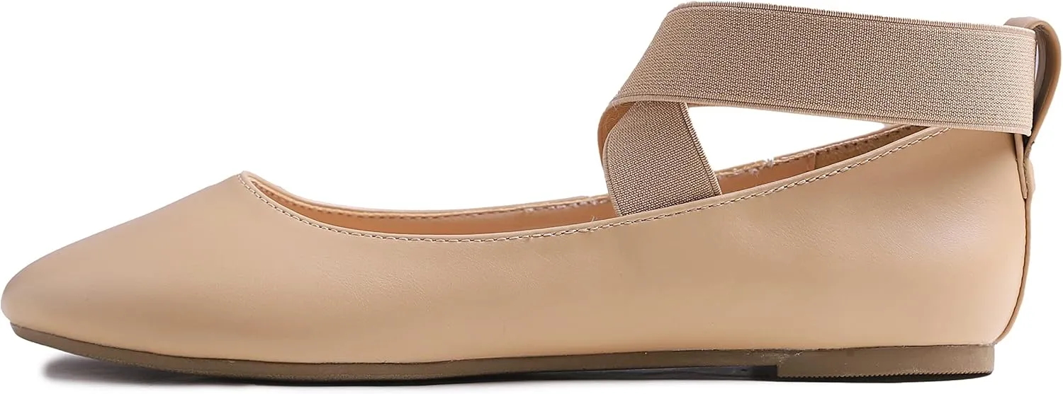 FEVERSOLE Women's Fashion Elastic Ankle Strap Shoes Round Toe Ballet Flat