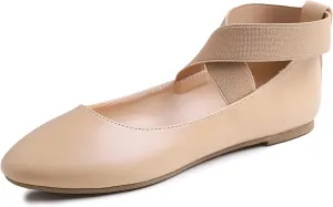 FEVERSOLE Women's Fashion Elastic Ankle Strap Shoes Round Toe Ballet Flat