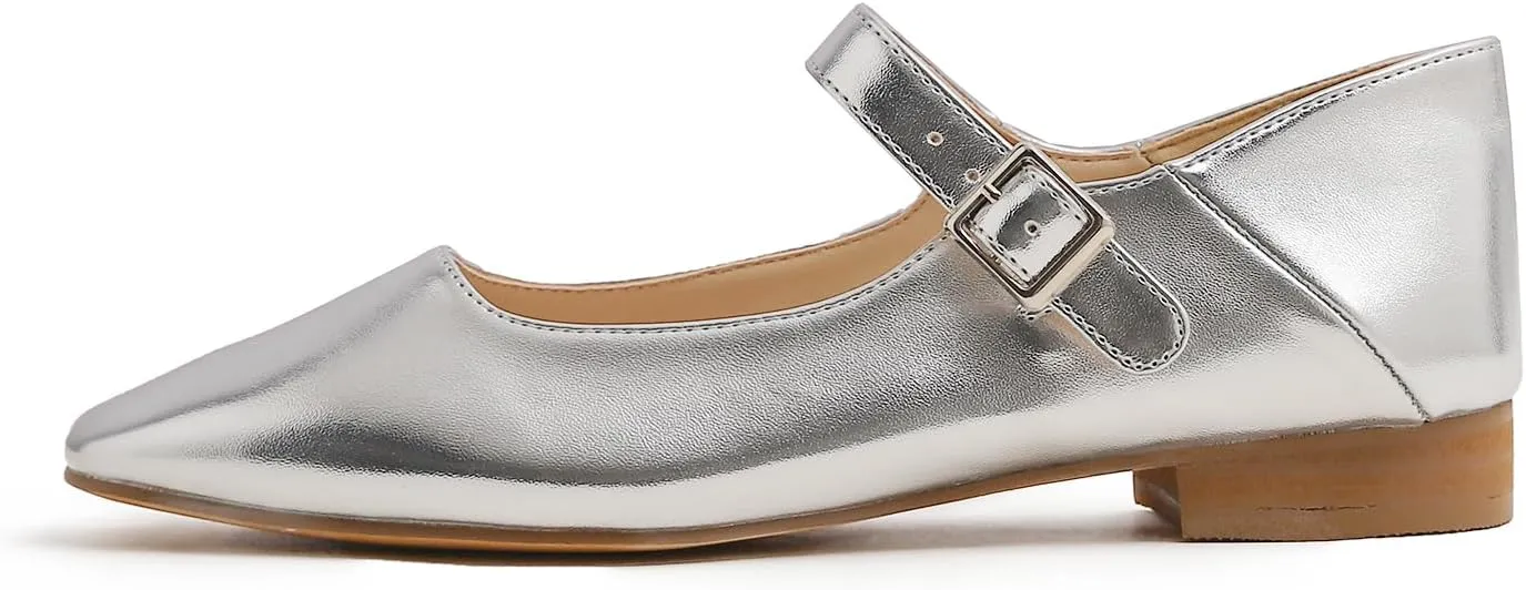 FEVERSOLE Women's Mary Jane Fashion Square Toe Easy Buckle Low Heel Slip On Flats