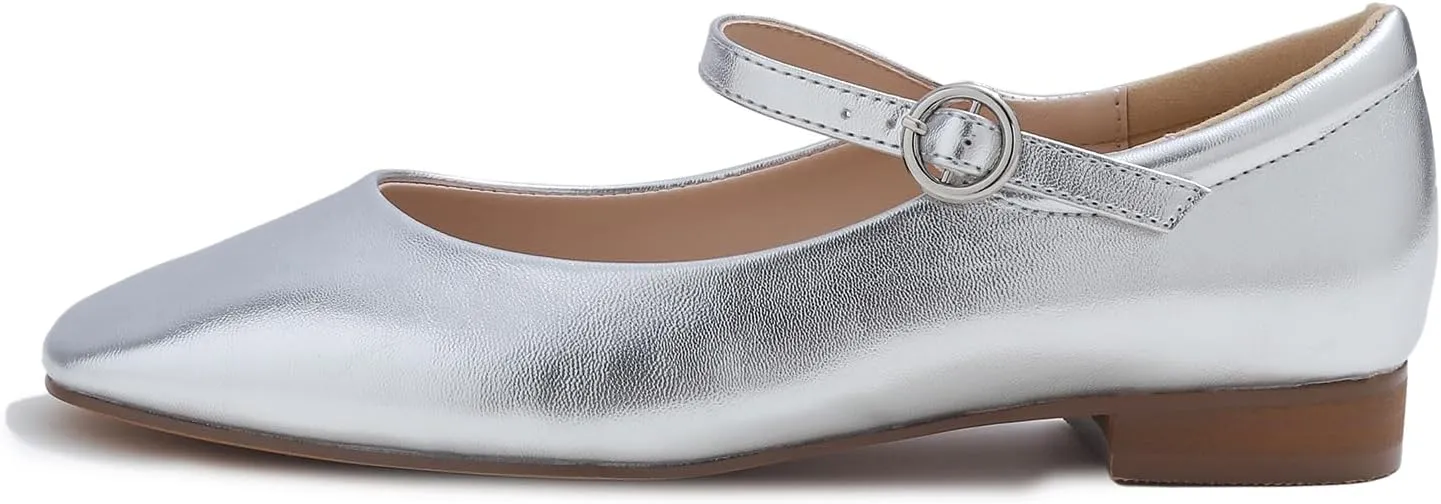 FEVERSOLE Women's Mary Jane Fashion Square Toe Padded Ankle Low Heel Slip On Flats