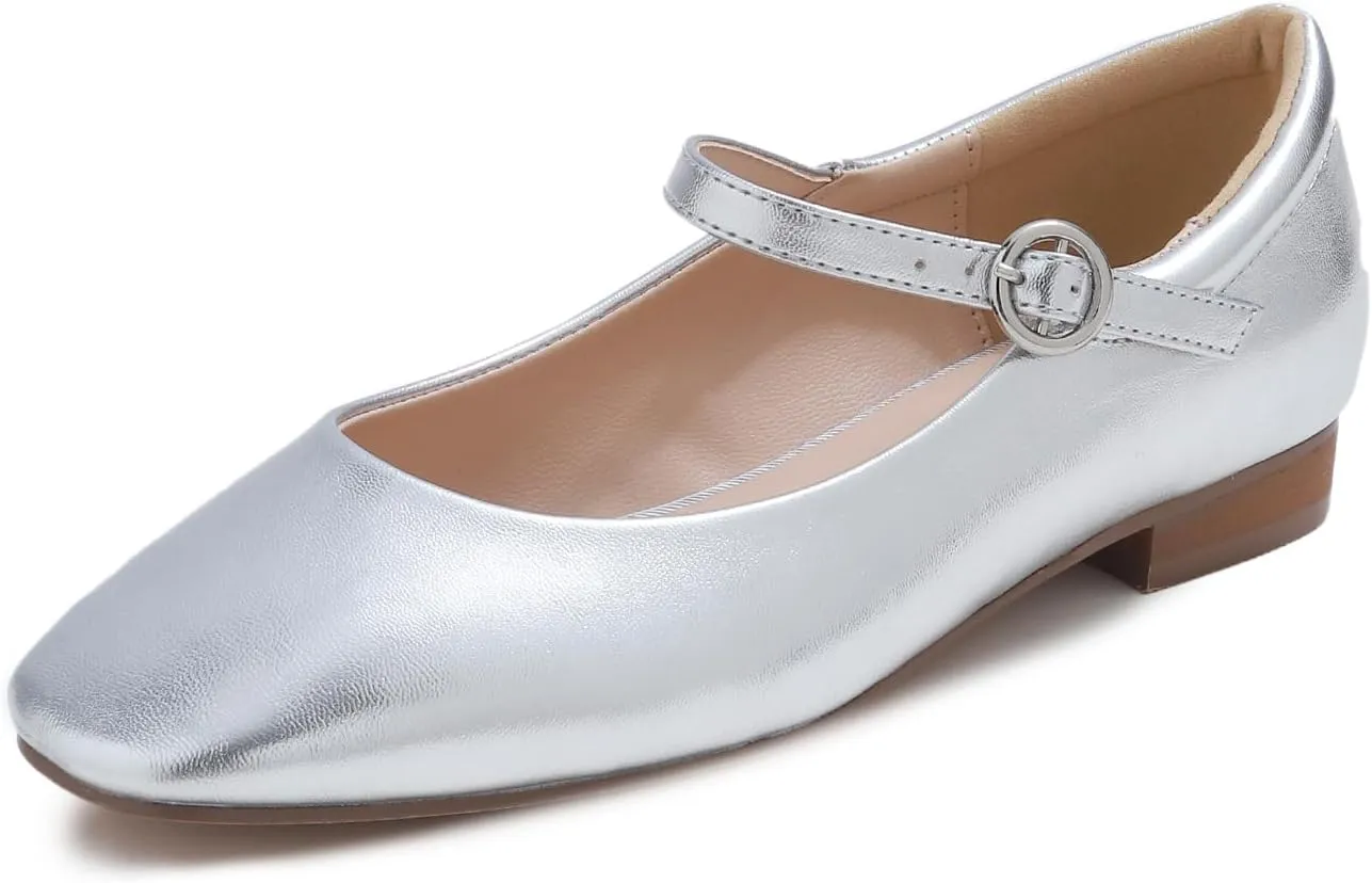 FEVERSOLE Women's Mary Jane Fashion Square Toe Padded Ankle Low Heel Slip On Flats