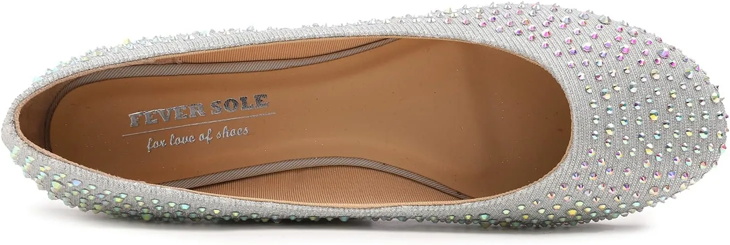 FEVERSOLE Women's Rhinestone Flat Shoes Sparkly Embellished Party Wedding Dress Ballets