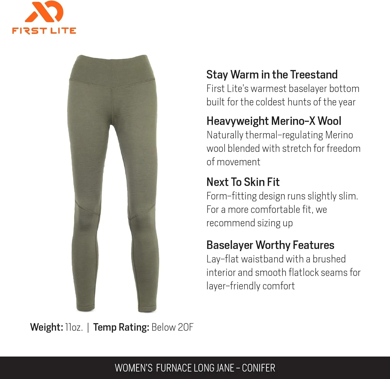 First Lite Women's Furnace Long Jane - Heavyweight Merino Wool Base Layer Camo Pant Bottoms