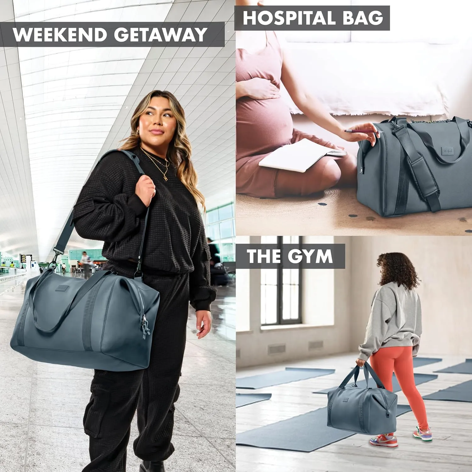 Fit & Fresh Premium Neoprene Weekender Bag With Trolley Sleeve - Large Overnight, Carry-on, Duffel, Gym, and Hospital Bag for Labor & Delivery