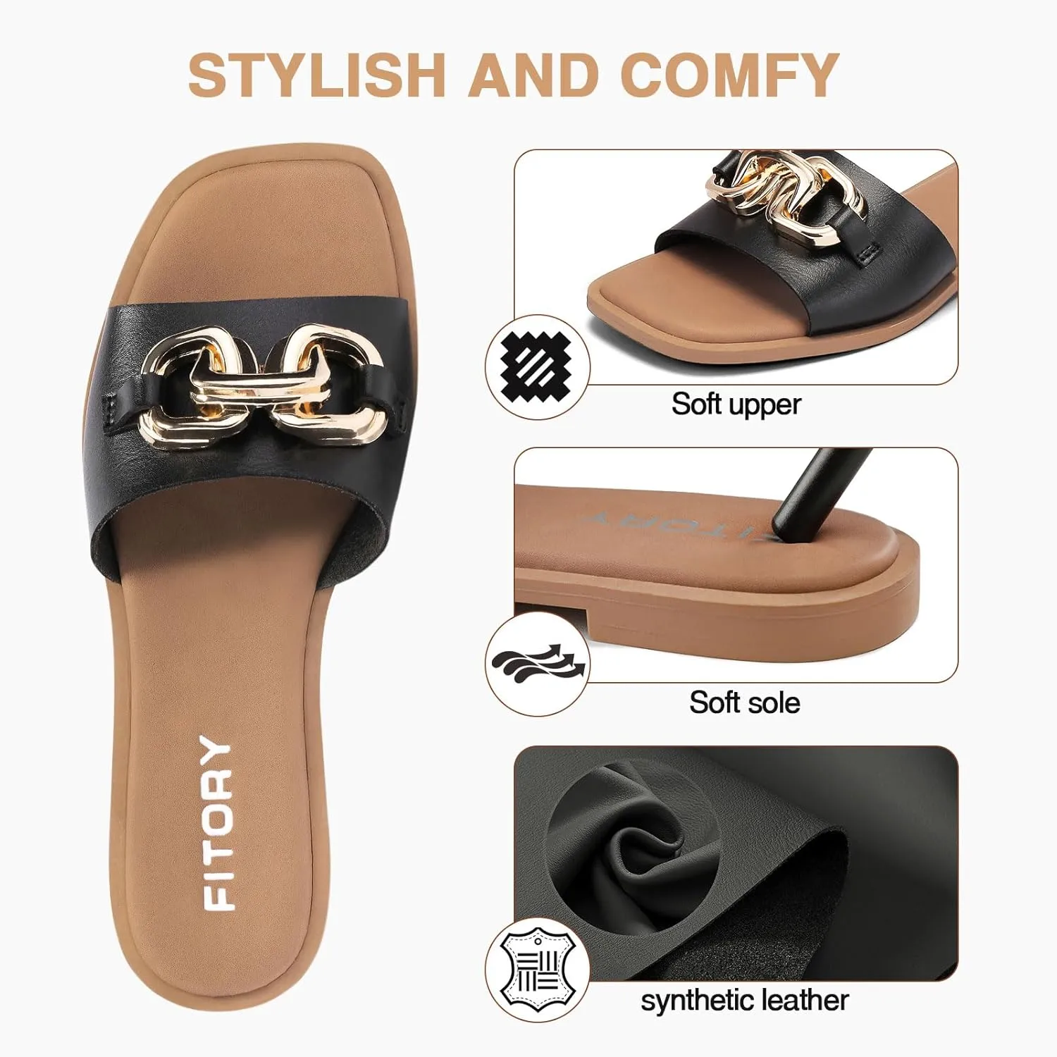FITORY Women's Flat Sandals Fashion Slides With Soft Leather Slippers for Summer Size 6-11