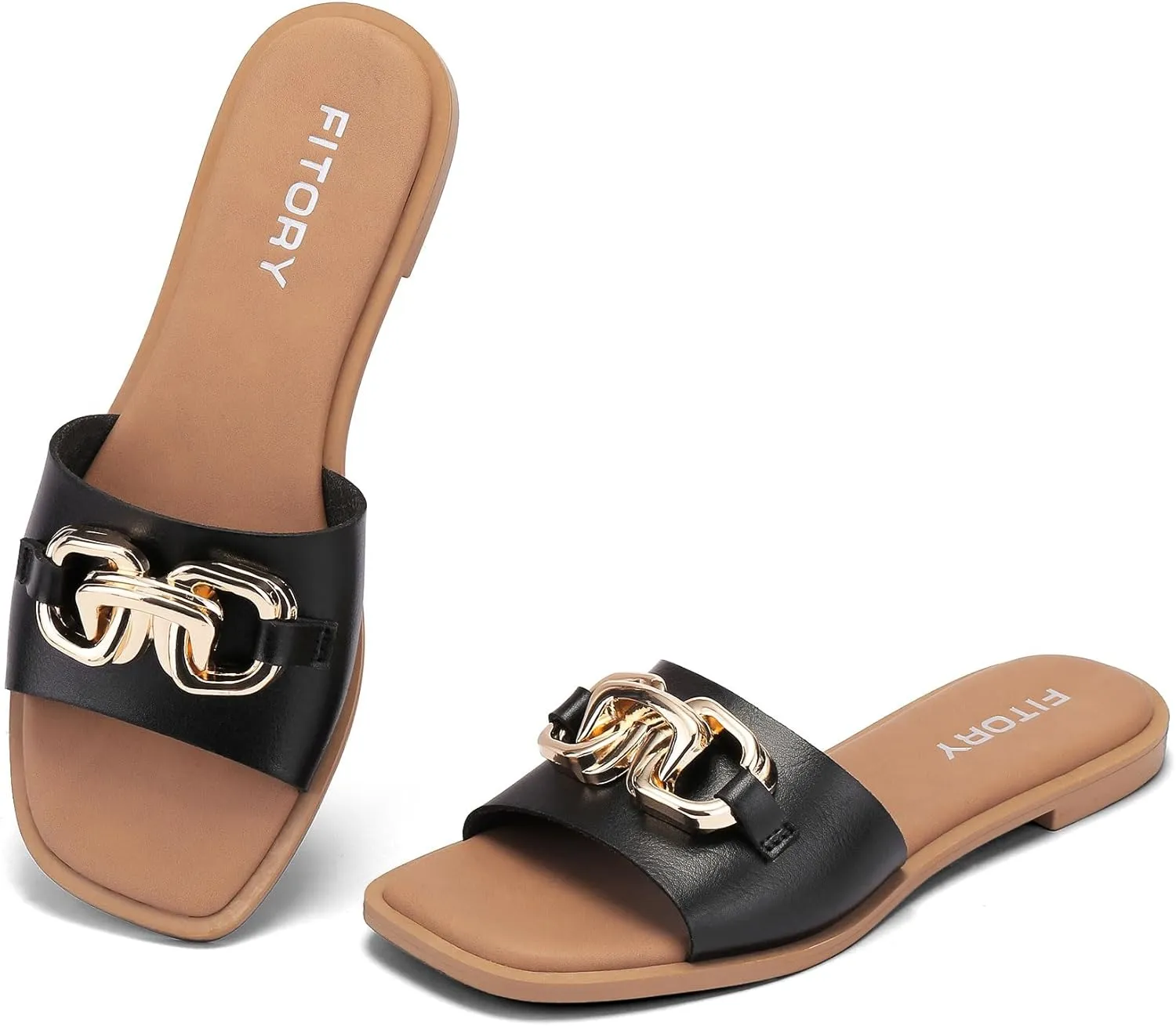 FITORY Women's Flat Sandals Fashion Slides With Soft Leather Slippers for Summer Size 6-11