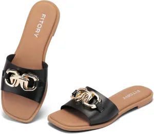 FITORY Women's Flat Sandals Fashion Slides With Soft Leather Slippers for Summer Size 6-11