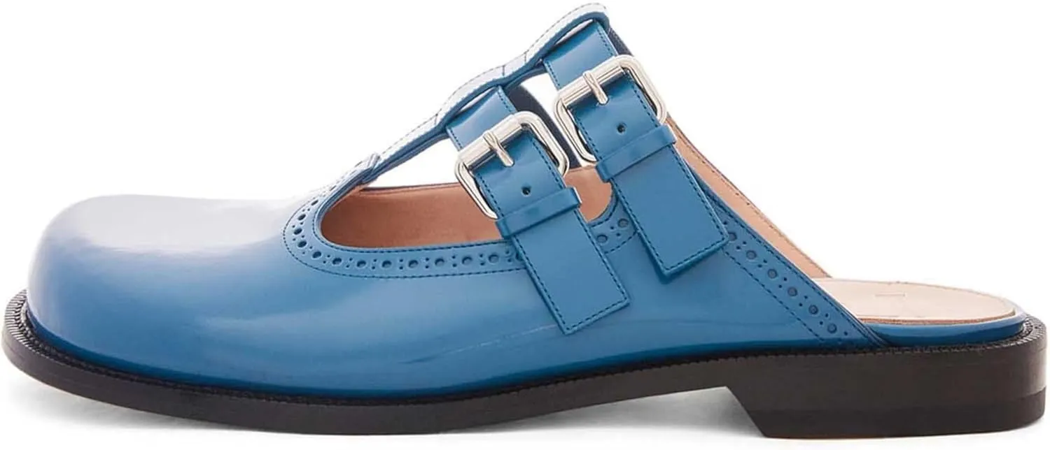 Flats Mules for Women Round Toe Low Heel Sandals Baotou Double Belt Buckle Mary Jane Flat Slip-on Backless Comfortable Casual Walking Dress Party Soft Shoes