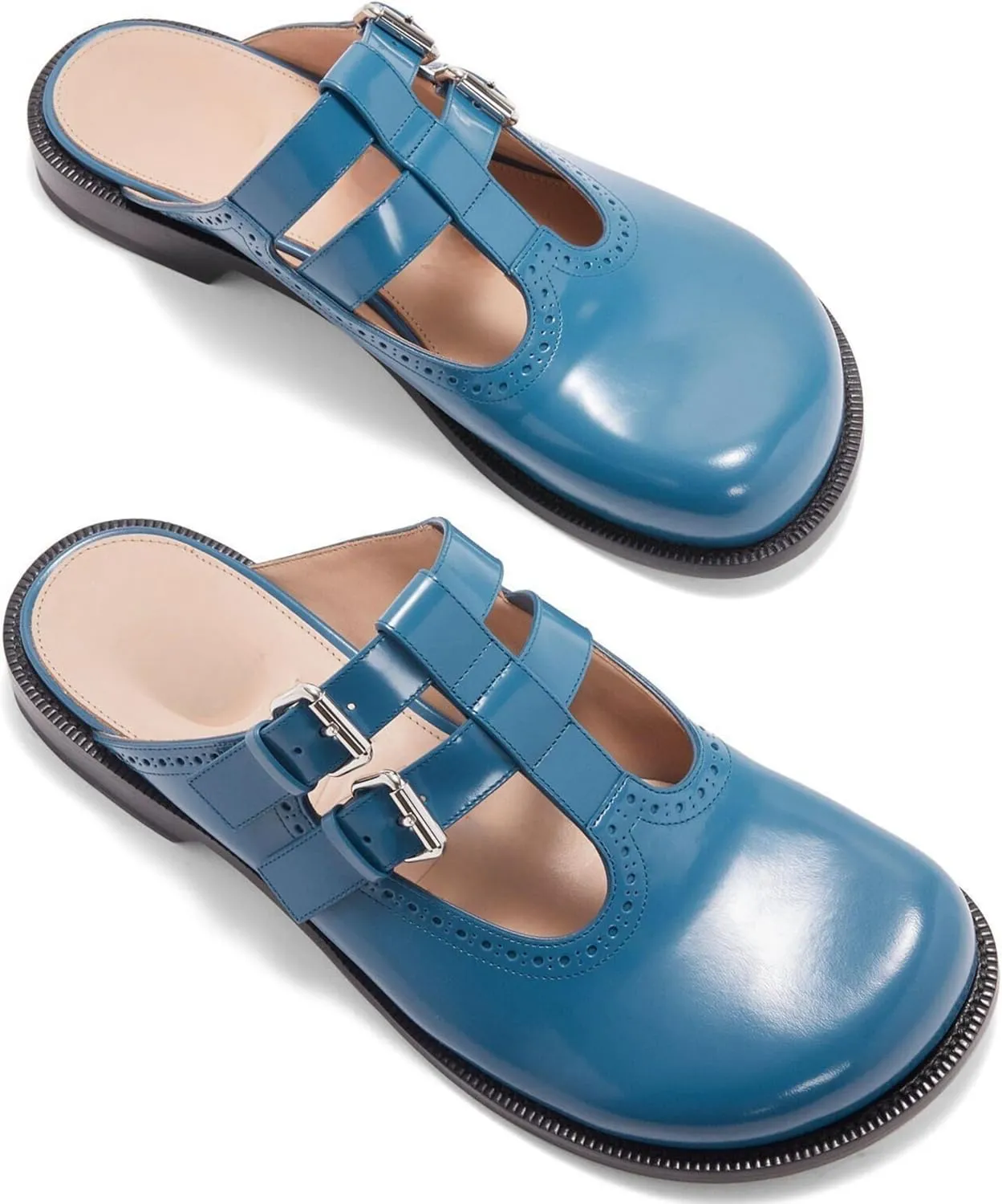 Flats Mules for Women Round Toe Low Heel Sandals Baotou Double Belt Buckle Mary Jane Flat Slip-on Backless Comfortable Casual Walking Dress Party Soft Shoes