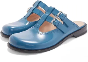 Flats Mules for Women Round Toe Low Heel Sandals Baotou Double Belt Buckle Mary Jane Flat Slip-on Backless Comfortable Casual Walking Dress Party Soft Shoes
