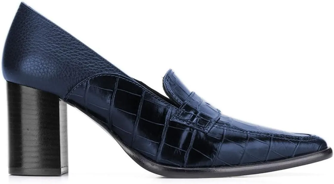 FOWT Ladies Chic Crocodile Loafers High Block Heel Slip On Pumps Woman Patchwork Textured Shoes for Meeting Career and Office Size US 4-16